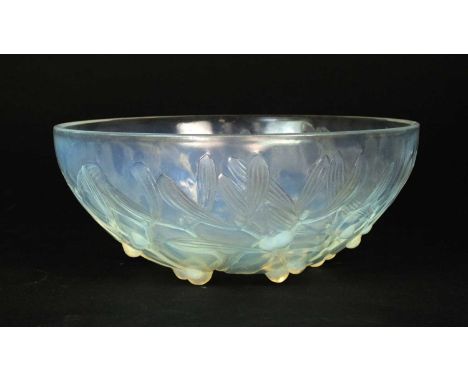 A Rene Lalique opalescent 'Gui' glass bowlthe underside moulded in high relief with mistletoe, raised 'R. Lalique France', fa