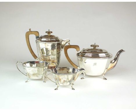 An Art Deco four piece silver tea service, Walker &amp; Hall, Sheffield 1928 &amp; 1930, each piece of faceted form, comprisi