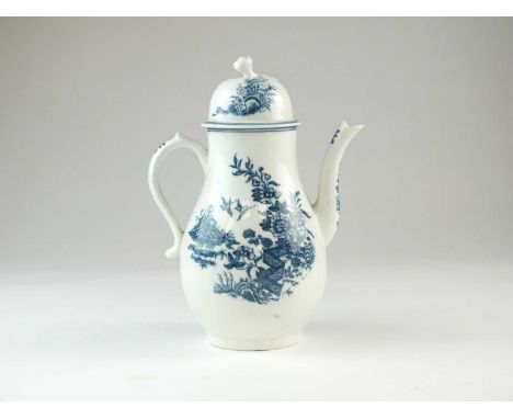 A Caughley 'Fence' coffee pot and covercirca 1780-85of baluster form, the raised dome cover with a floral finial, transfer-pr