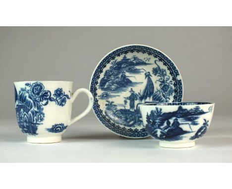 A matched Caughley trio in the 'Fisherman' or 'Pleasure Boat' patterncirca 1780-85transfer-printed in underglaze, including a