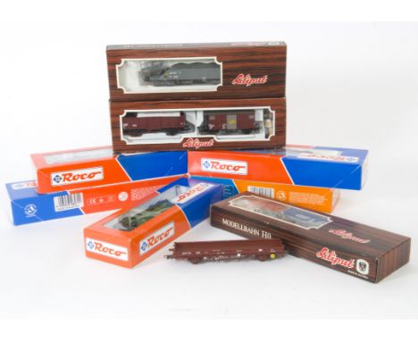 Roco and Liliput HO Gauge Goods Rolling stock,  Roco Container trucks (5), FS Hopper  wagon, DB Van and grey Gondola (weather