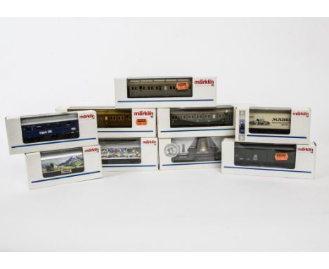 Märklin HO Gauge passenger Coaches and Freight Stock, a boxed group including freight stock an 84866 flat truck loaded with a