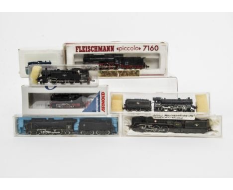 Various N Gauge Locomotives, a group of seven comprising, Arnold 5501, 0-6-0 Tank Locomotive in black, Fleischmann Piccolo 71