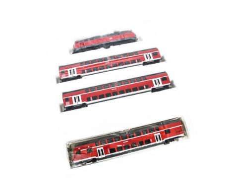 Fleischmann HO Gauge Train Set, a 6369-U, Regional Express trainset, comprising BR 218 Diesel Locomotive, and two passenger c