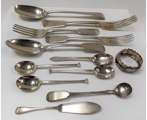 George III silver mustard spoon with makers mark 'SAVAGE', together with various other George III and later flat ware and a n