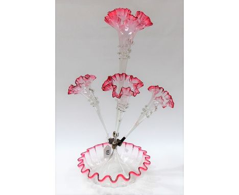 Victorian cranberry and clear glass four branch epergne, height 51cm.