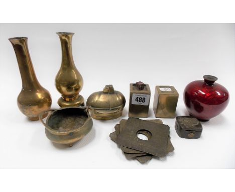 Collection of Eastern brass metals including a miniature Censor, 2 Japanese vases, a cloisonné ovoid vase in red enamel, sign