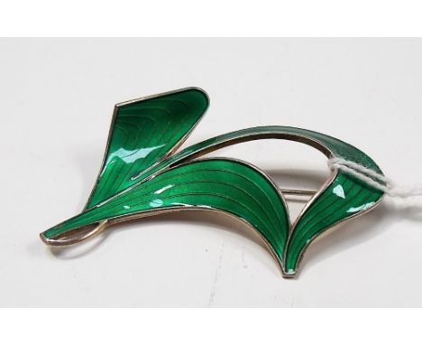 Mid-Century Norwegian silver and green enamel brooch in the form of leaves, stamped marks, width 5cm.