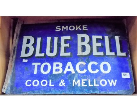 Vintage enamel advertising sign for Bluebell Tobacco 'Smoke Cool & Mellow', 38cm x 52cm (af)