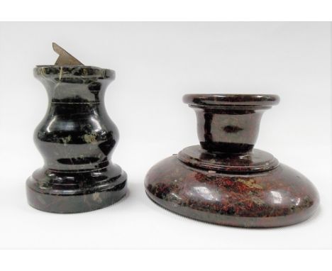 Red Cornish Serpentine squat candlestick together with a sundial paperweight (2)