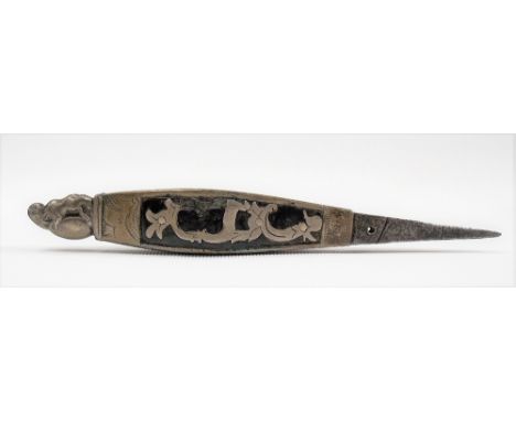 Interesting antique white metal and steel piercing tool, possibly a bradawl with lion and shield surmount, length 13.5cm.
