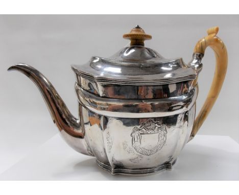 George III silver oval lobed section reeded teapot, with ivory handle and knop, engraved vacant cartouche, maker DP, London 1