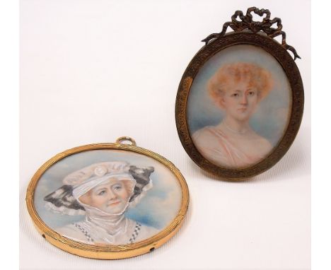 Two early 20th Century British portrait miniatures on ivory, one depicting a lady in her dress, the other a young woman (2).