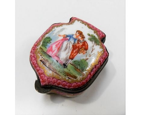 Late 18th Century German porcelain patch or snuff box of cartouche shape, gilt metal mounted, the lid painted with lovers in 