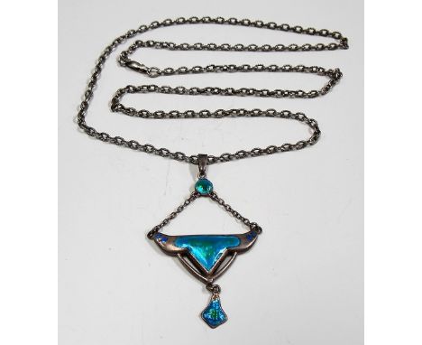 Attractive Edwardian Art Nouveau silver and enamel pendant necklace by Charles Horner, Chester 1908, on white metal chain, pe