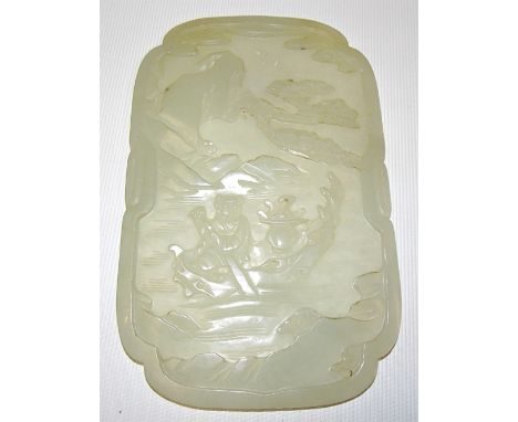 Chinese pale celadon jade rectangular lobed panel carved in relief with a figure on a boat within a lake landscape, 11.5cm x 