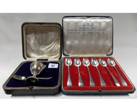 Cased set of 6 'British Hall Marks' Old English Pattern teaspoons, 1935, weight 3oz approx; together with a cased silver egg 