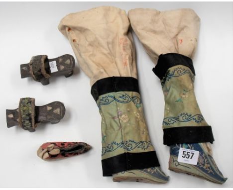 Pair of Chinese ladies embroidered shoes together with 2 oriental wooden mother of pearl inlaid slippers and another oriental