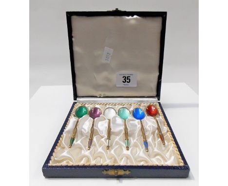 Cased set of 6 sterling silver gilt and guilloche enamel demitasse spoons by A Michelsen Denmark.
