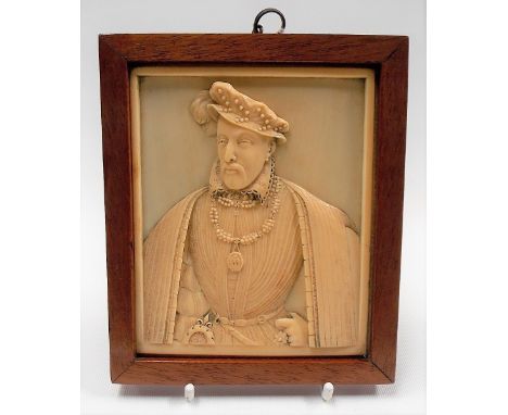 19th Century ivory carved rectangular portrait panel, possibly Dieppe, depicting a half-length portrait in relief of a 16th C