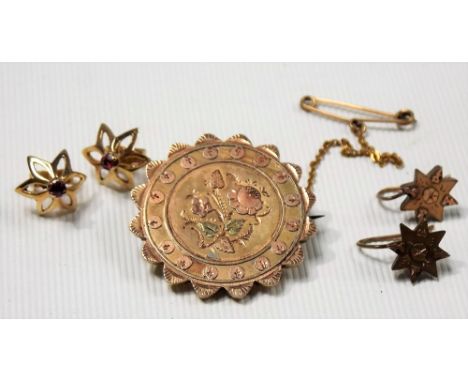 9ct hallmarked gold tri-colour metal Victorian disk brooch, applied decoration with a flower and with a safety chain; togethe