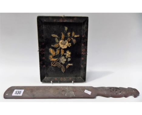 Japanese black lacquer bone and mother of pearl inlaid rectangular tray, width 24cm; together with a Japanese bamboo page tur