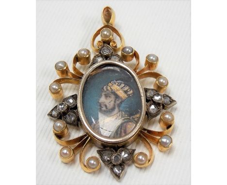 Good Indian yellow metal diamond and seed pearl set oval miniature pendant, the miniature on ivory depicting a gentleman in p