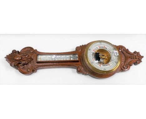 Victorian oak carved banjo aneroid barometer thermometer by C.S.S.A. LTD LONDON, height 89cm.