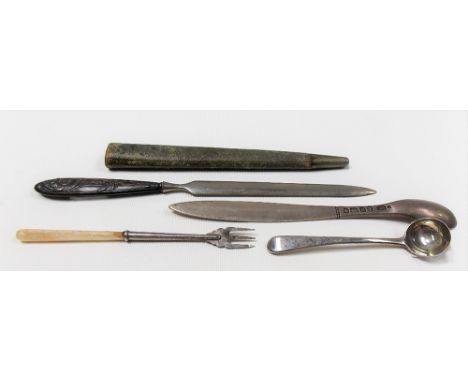 Modern silver spoon/knife, maker JWP, London 1977, weight 1.30oz approx; together with a letter knife with weighted white met