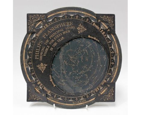 A Philips Planisphere 'Showing the Principal Stars visible for every hour in the Year' with explanation card to the back, dia