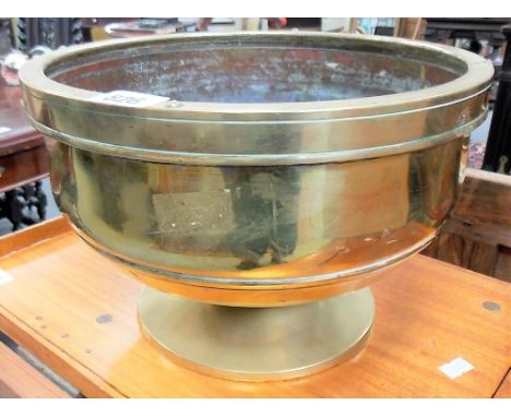 Brass pedestal bowl made from the case of a binnacle compass stamped A. VANDERVOODT, ANTWERP, diameter 28cm.