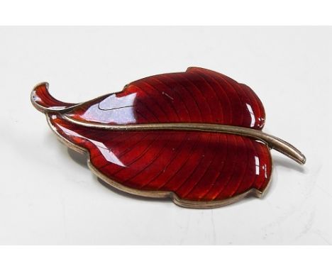 Danish sterling silver mid-Century red enamel brooch in the form of a leaf, stamped V.B STERLING DENMARK, width 4.5cm.