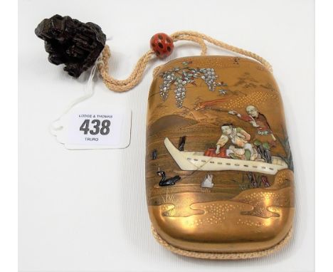 Good Japanese Meiji period gold lacquer Shibayama inlaid four section Inro decorated with mother of pearl, ivory and carved s