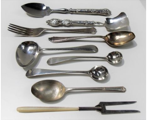 Collection of silver cutlery including a Victorian preserve spoon with shovel bowl and weighted handle, a George III mustard 