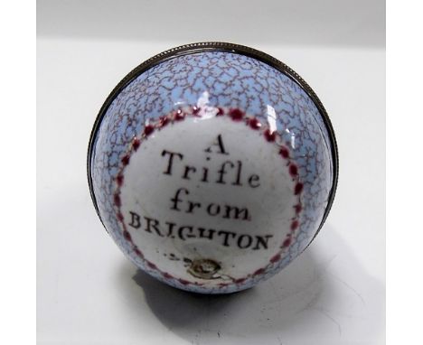 George III south Staffordshire enamel bonbonniere of egg shape, the screw lid inscribed 'A trifle from Brighton' and on a pal