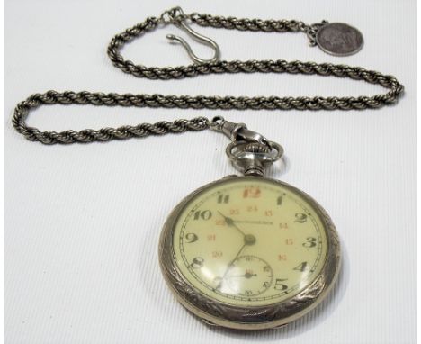Silver plated open face pocket watch, the dial with Arabic numerals and subsidiary seconds dial; together with a sterling sil