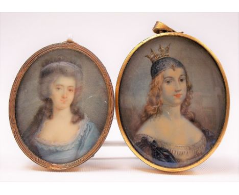 Possibly 18th Century portrait miniature of a young woman in a blue dress, oval, 6cm x 5cm; together with another portrait mi