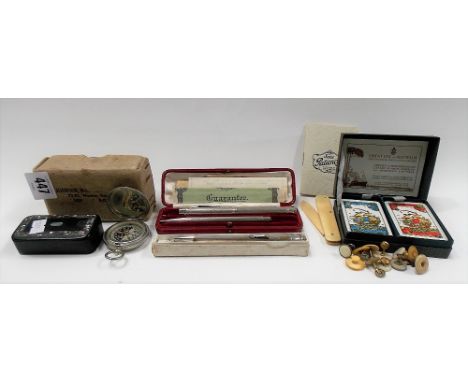 Miscellaneous items including a silver swan engine turned fountain pen, a silver plated fine point pencil, Eversharp silver p