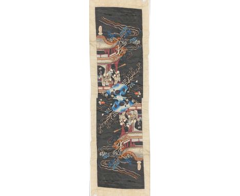 Chinese silk embroidered scroll depicting figures within a pagoda garden length 60cm x 40cm