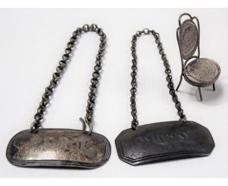 George III Scottish silver 'WHISKY' spirit label, maker M & R, Edinburgh 1817, width 4.5cm; together with a silver 'PORT' spi