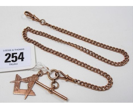 9ct rose gold curb link watch chain Albert, length 41cm; together with a 9ct hallmarked masonic fob, total weight 25g approx.