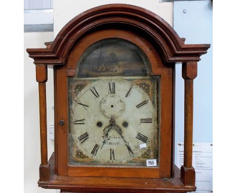 Eight day long case clock, the 11.5in painted arched dial decorated with a hunter and hound to the arch, seconds dial and cal