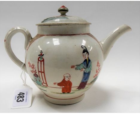 18th Century Worcester polychrome enamel painted ovoid tea pot and cover, chinoiserie decorated with figures within gardens, 