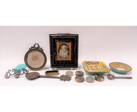 Miscellaneous items including an early 20th Century portrait miniature of a child on ivory, a 19th Century photograph on a gl