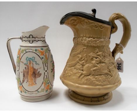 Victorian Ridgway & Co buff stoneware relief moulded jug depicting TAM O' SHANTER and with pewter hinge lid, the base impress