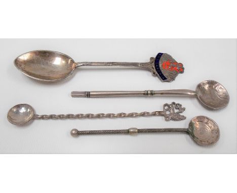 Silver enamel souvenir spoon for R.M.S. SAXONIA; together with three silver coin set spoons (4).