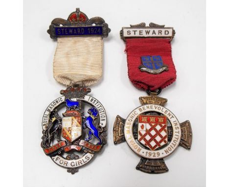 Silver gilt Steward Royal Masonic Benevolent Institution jewel dated 1929; together with a silver gilt and enamel Steward Roy