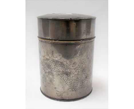 Chinese pewter cylindrical tea caddy by E Wo Loong Kee Swatow the lid and sides incised with a coiled dragon, with interior l