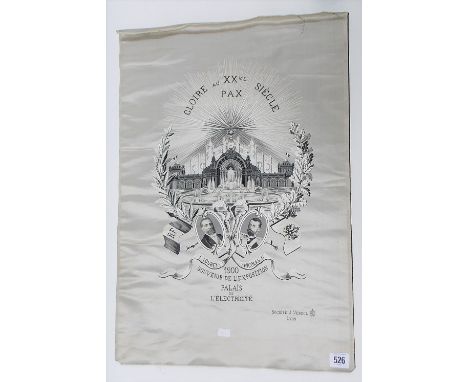 Early 20th Century French machine stitched silk depicting the Palace over portrait ovals of  Eloubet & Nicolas II, 61cm x 41c