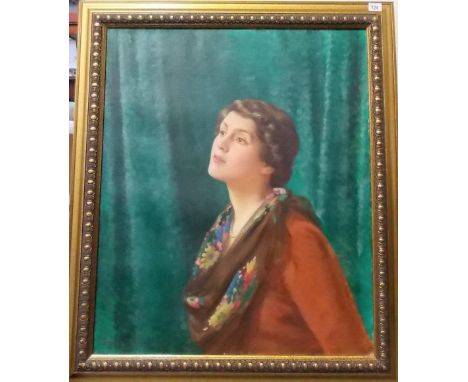 MARGARET LINDSEY WILLIAMS Portrait of a young lady before green curtains Oil on canvas Signed and dated 1938 75cm x 62cm